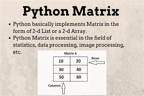 For example: A = [ [1, 4, 5], [-5, 8, 9]] We can treat this list of a list as a <b>matrix</b> having 2 <b>rows</b> <b>and</b> 3 <b>columns</b>. . How to get row and column of matrix in python